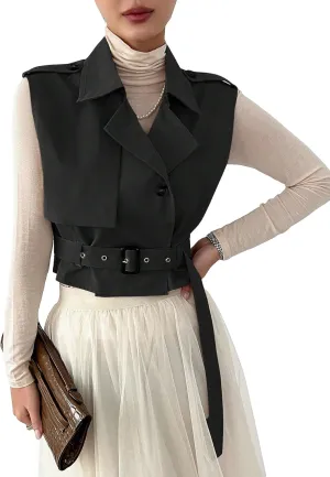 WDIRARA Women's Lapel Collar Sleeveless Belted Cropped Trench Coat Sleeveless Vest Coat
