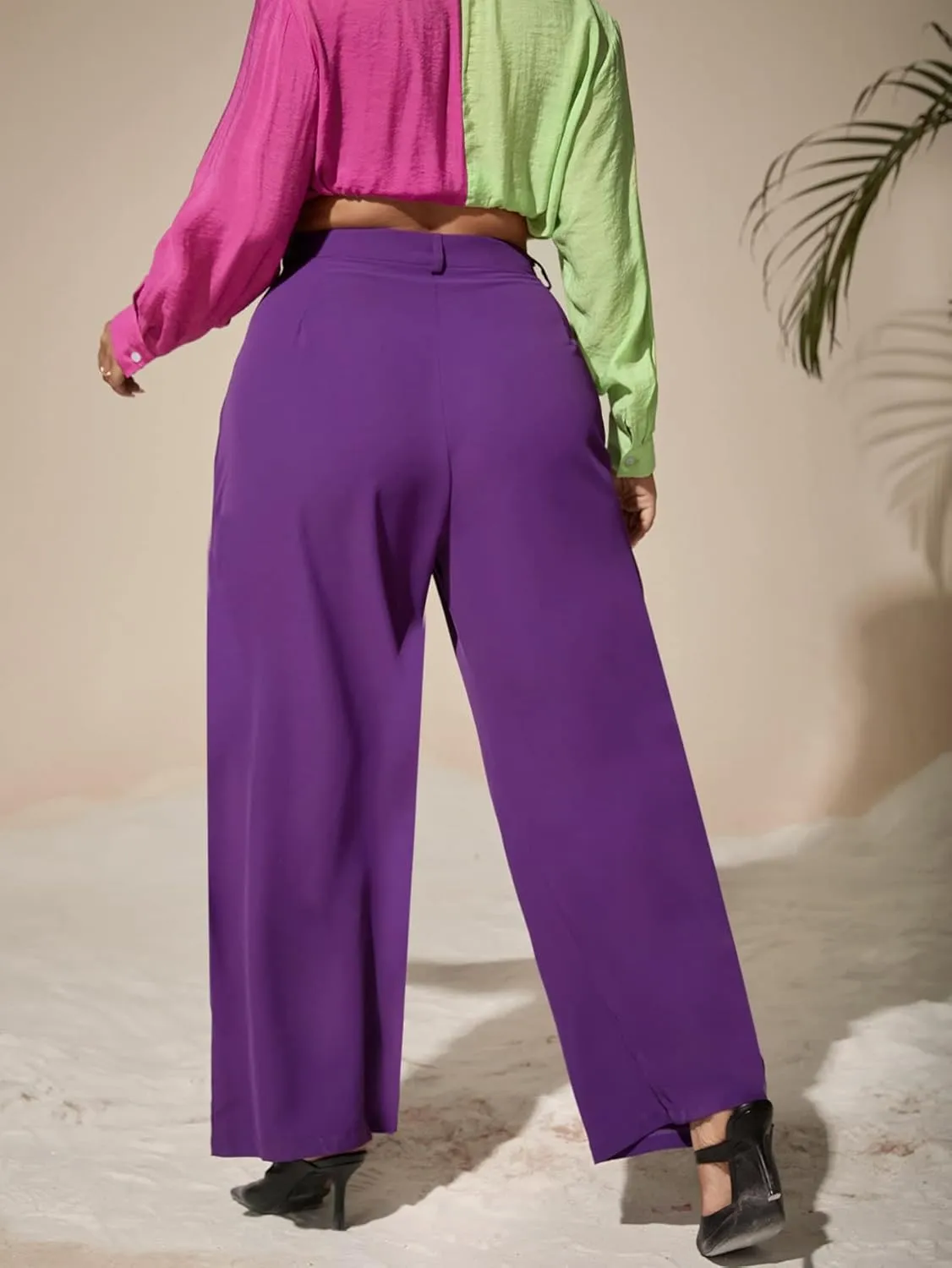 WDIRARA Women's Plus Size High Waisted Palazzo Pants Wide Leg Loose Trousers