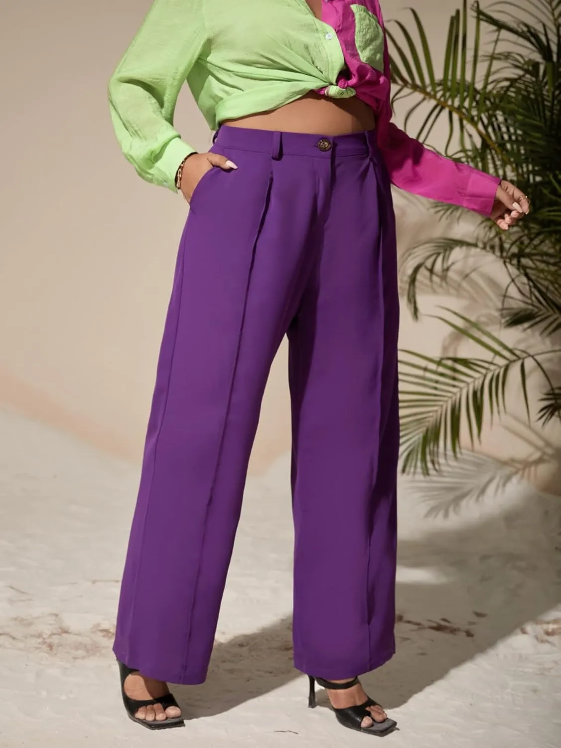 WDIRARA Women's Plus Size High Waisted Palazzo Pants Wide Leg Loose Trousers