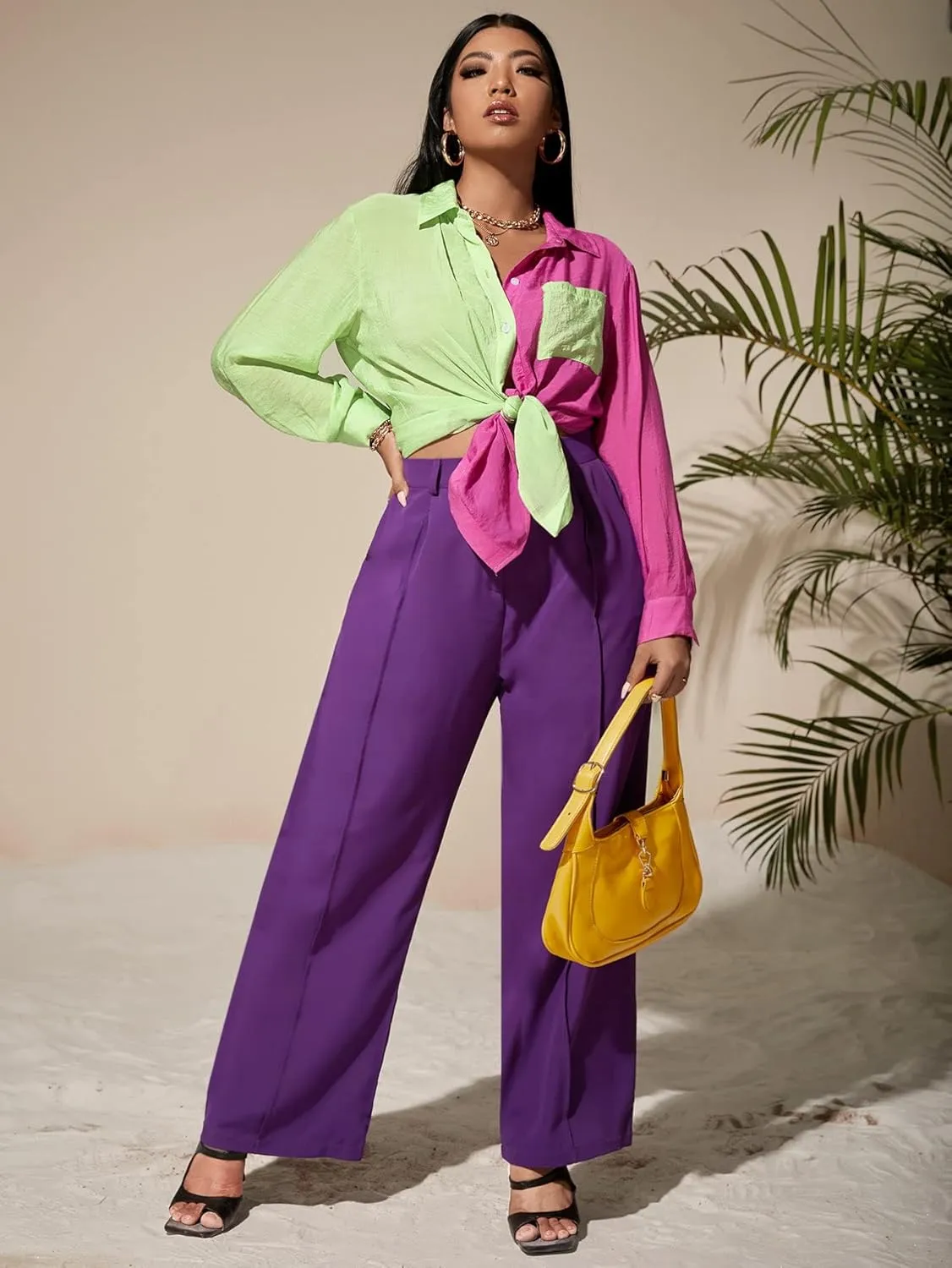 WDIRARA Women's Plus Size High Waisted Palazzo Pants Wide Leg Loose Trousers