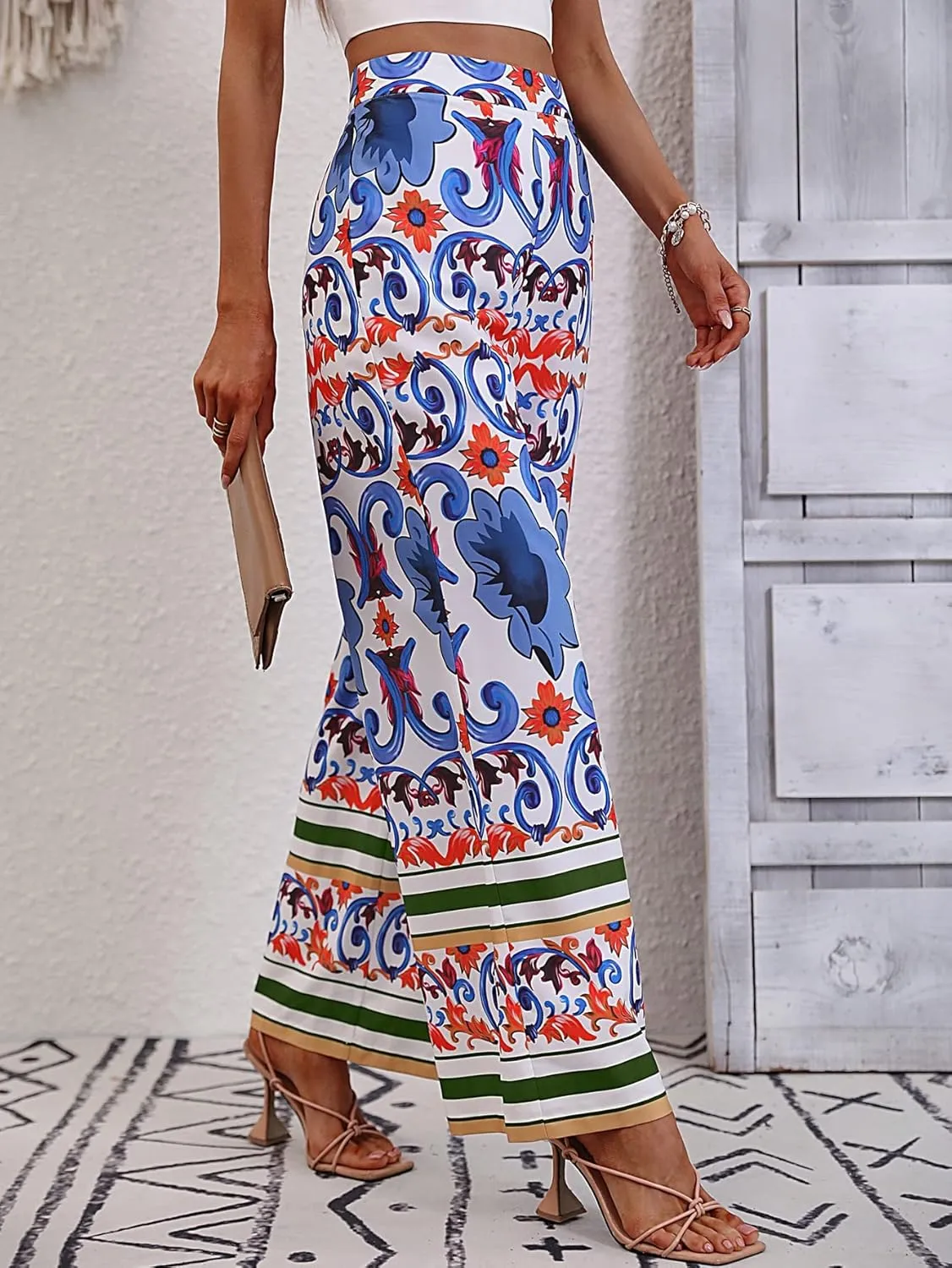 WDIRARA Women's Tropical Print High Elastic Waisted Wide Leg Loose Pants Trousers