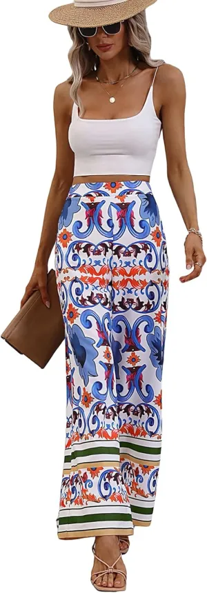 WDIRARA Women's Tropical Print High Elastic Waisted Wide Leg Loose Pants Trousers
