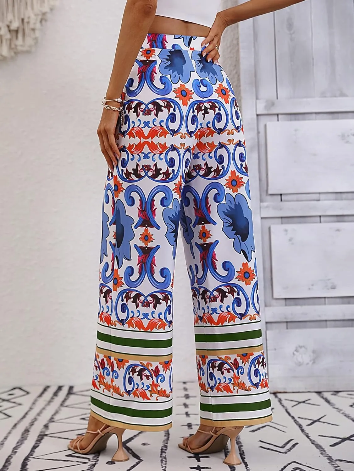 WDIRARA Women's Tropical Print High Elastic Waisted Wide Leg Loose Pants Trousers
