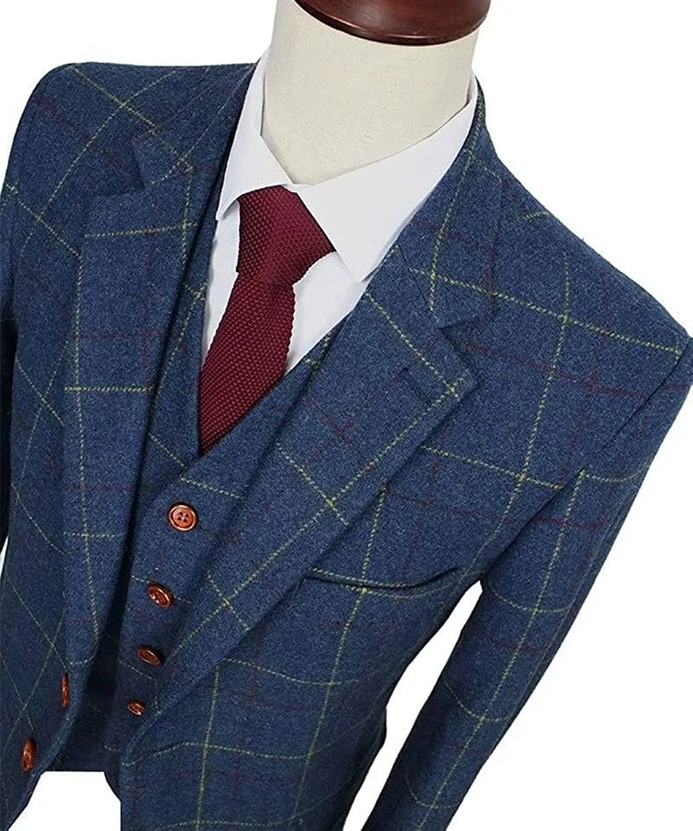 Wemaliyzd Mens Vintage 3 Piece Checkered Plaid Suit Tweed Blazer Vest Pants