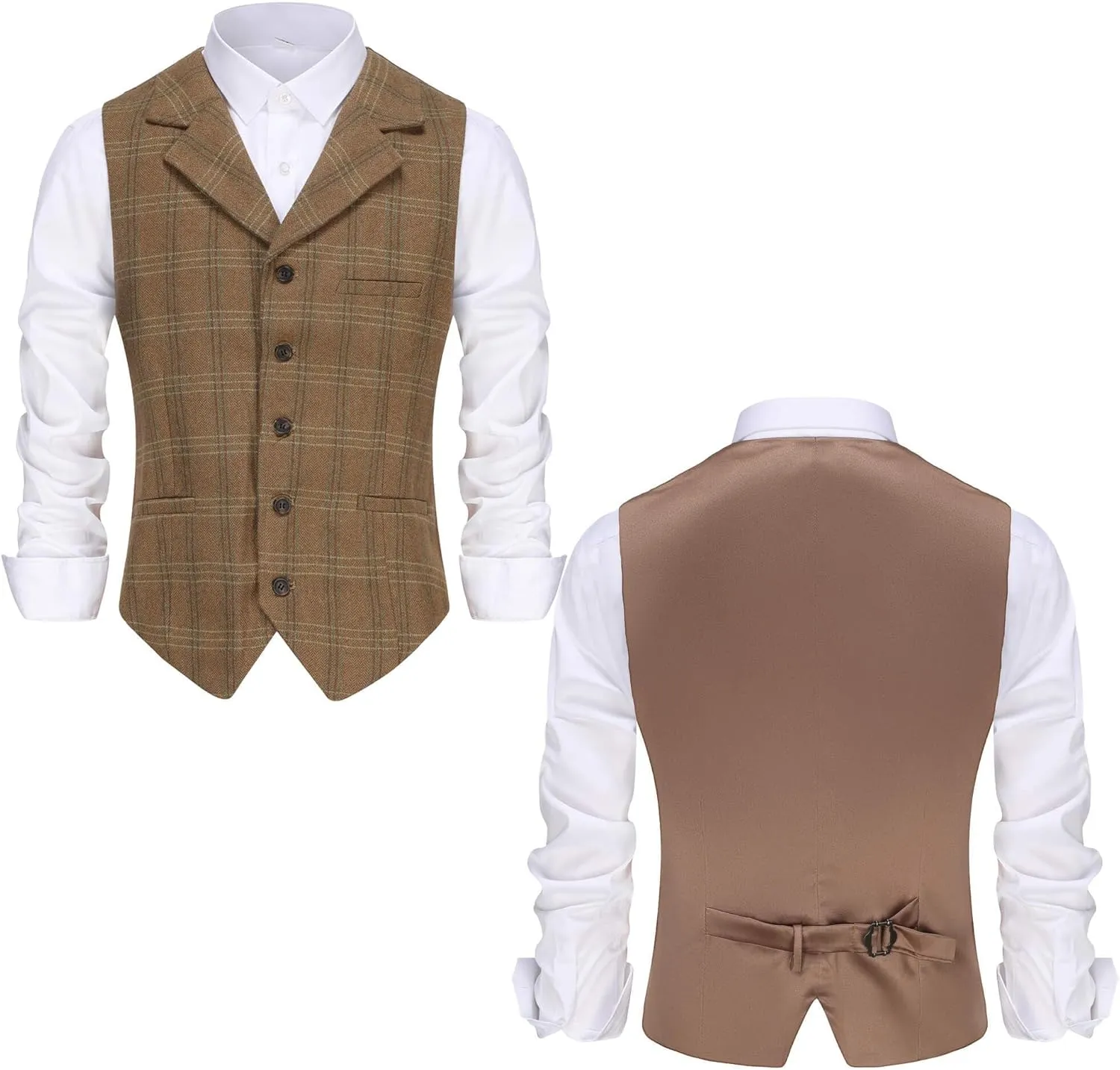 Wemaliyzd Mens Vintage 3 Piece Checkered Plaid Suit Tweed Blazer Vest Pants