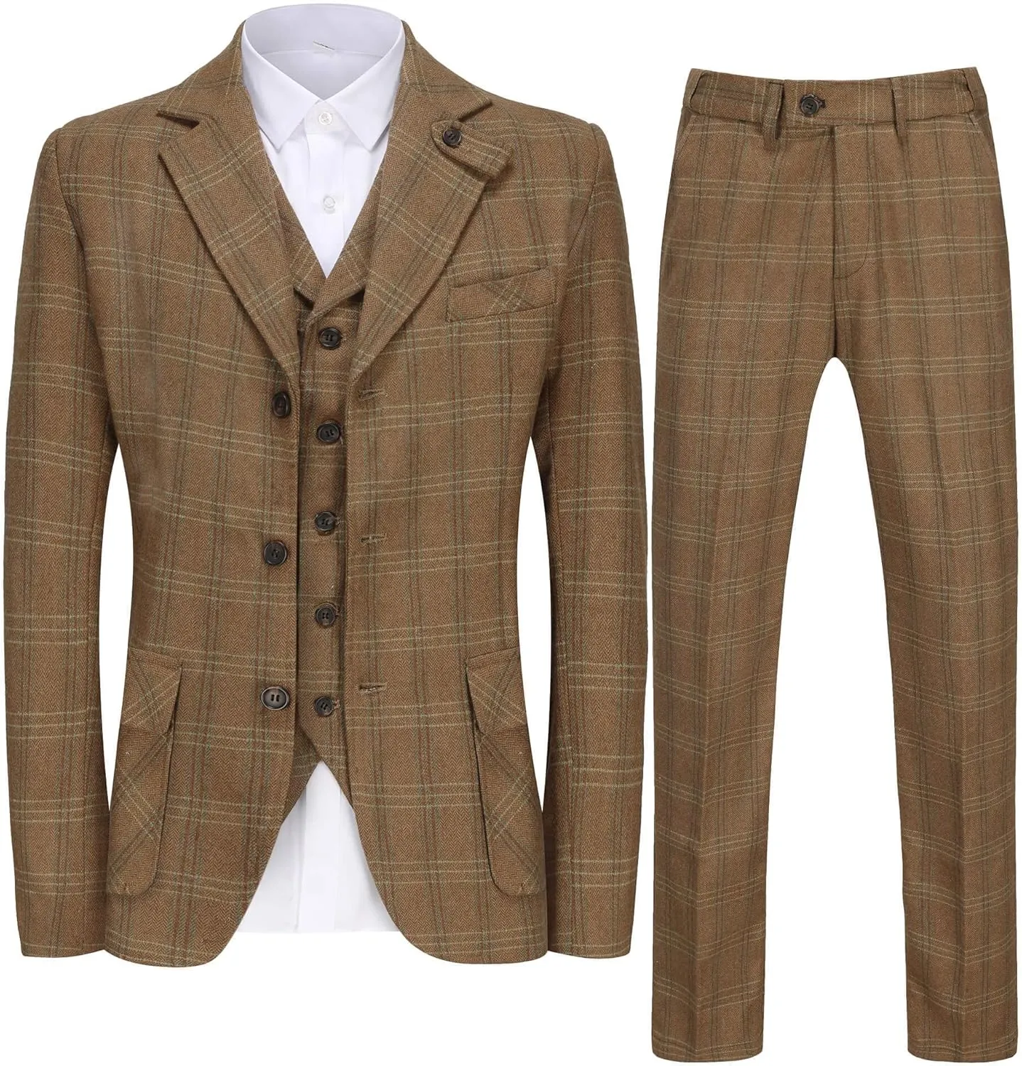 Wemaliyzd Mens Vintage 3 Piece Checkered Plaid Suit Tweed Blazer Vest Pants