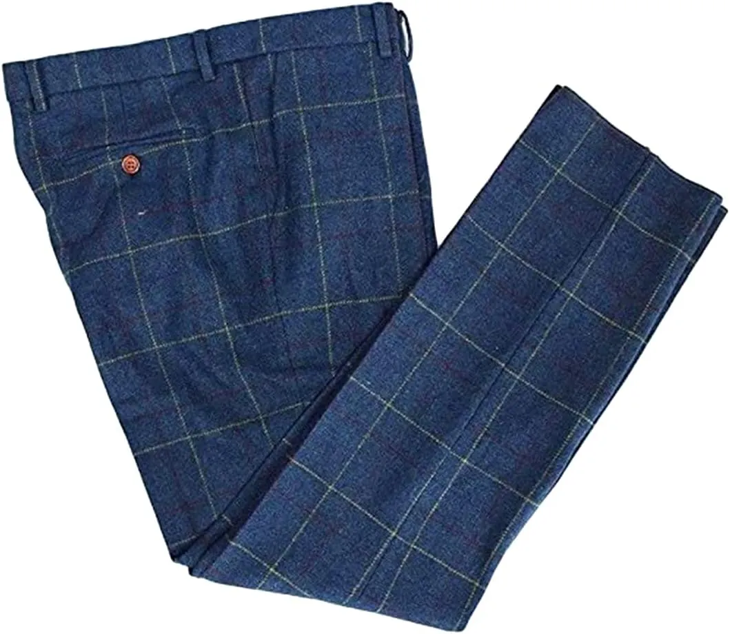 Wemaliyzd Mens Vintage 3 Piece Checkered Plaid Suit Tweed Blazer Vest Pants