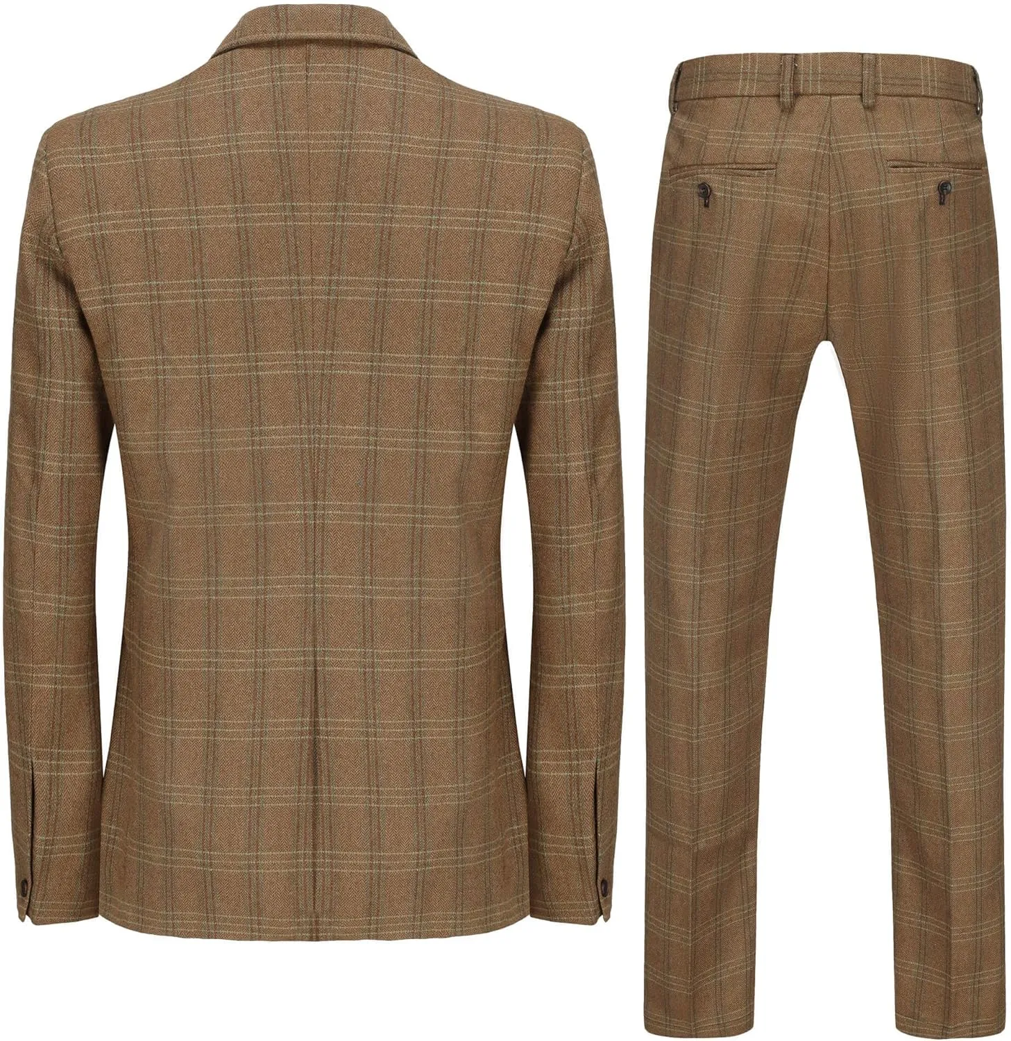 Wemaliyzd Mens Vintage 3 Piece Checkered Plaid Suit Tweed Blazer Vest Pants