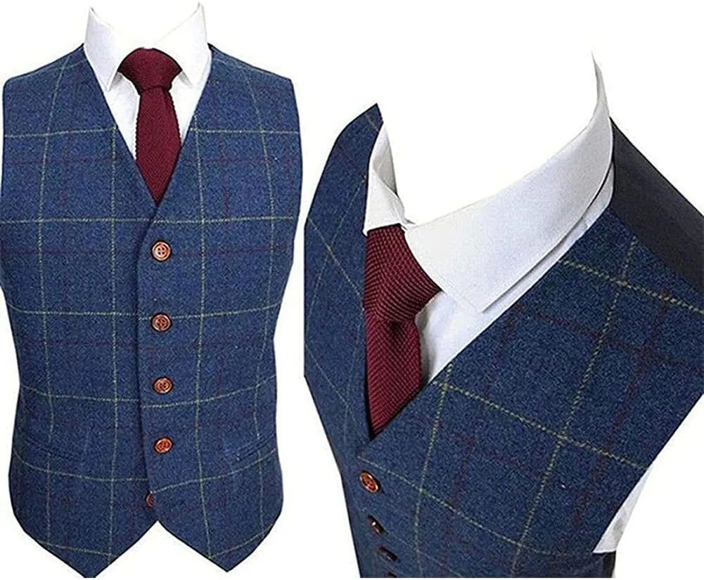 Wemaliyzd Mens Vintage 3 Piece Checkered Plaid Suit Tweed Blazer Vest Pants