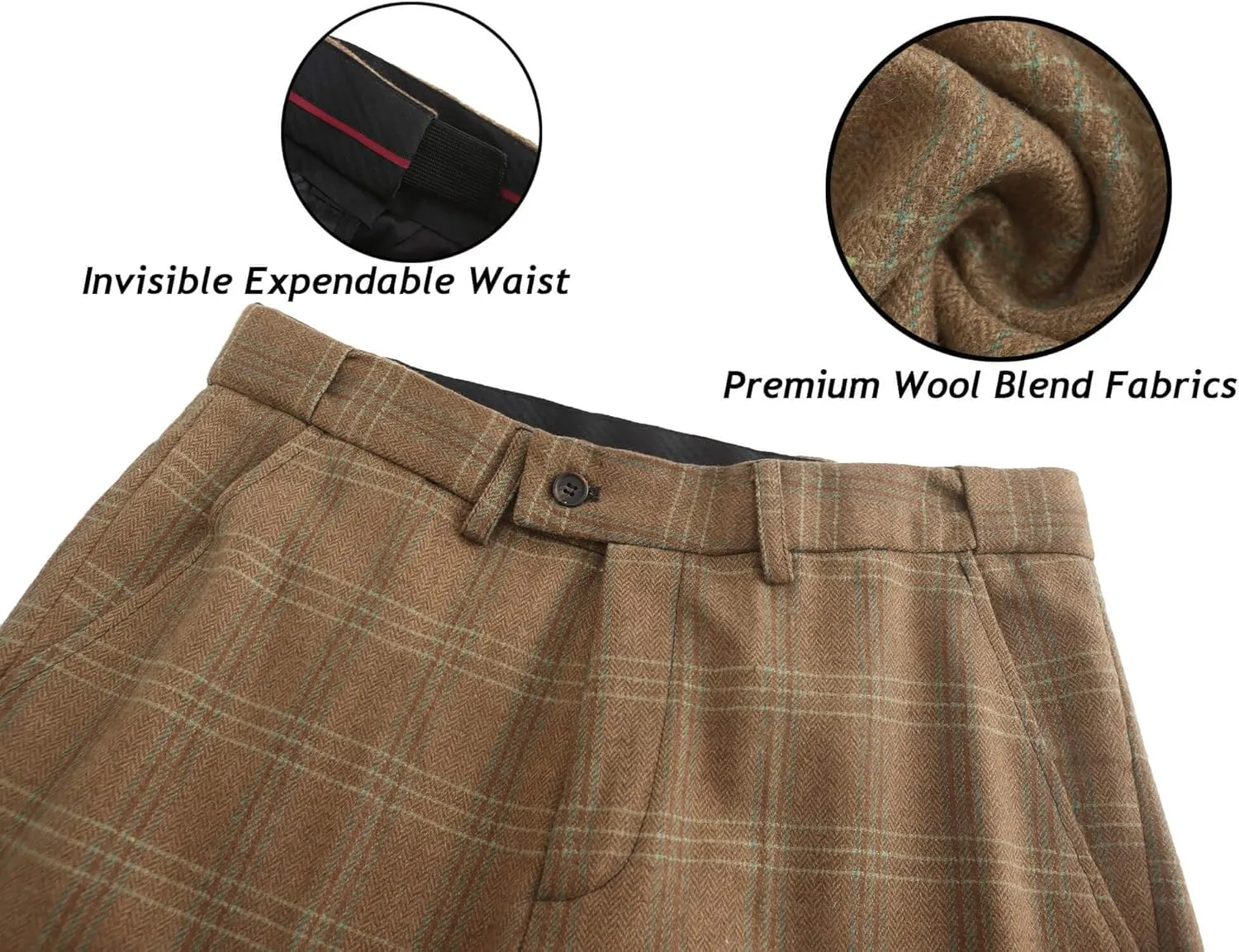 Wemaliyzd Mens Vintage 3 Piece Checkered Plaid Suit Tweed Blazer Vest Pants