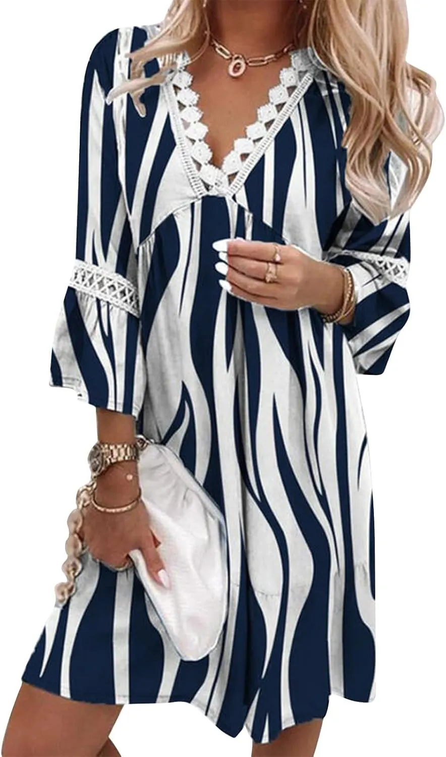 Women Casual Summer Dresses 3/4 Sleeve Party Tunic Swing Beach Sundress V Neck Bohemian Lace Trim V-Neck Midi Dress