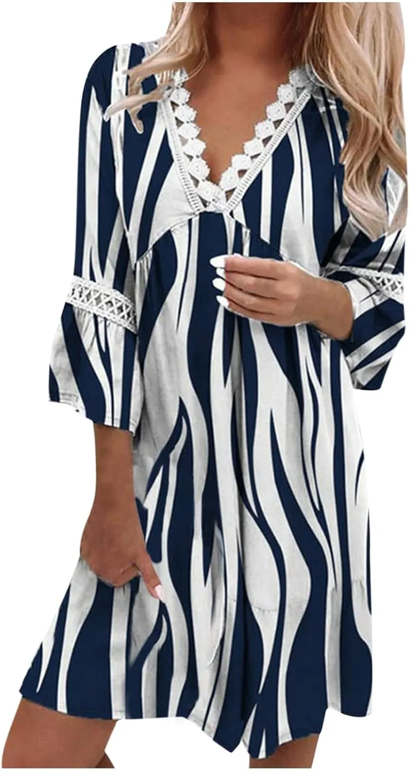 Women Casual Summer Dresses 3/4 Sleeve Party Tunic Swing Beach Sundress V Neck Bohemian Lace Trim V-Neck Midi Dress