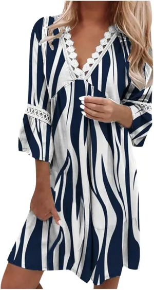 Women Casual Summer Dresses 3/4 Sleeve Party Tunic Swing Beach Sundress V Neck Bohemian Lace Trim V-Neck Midi Dress