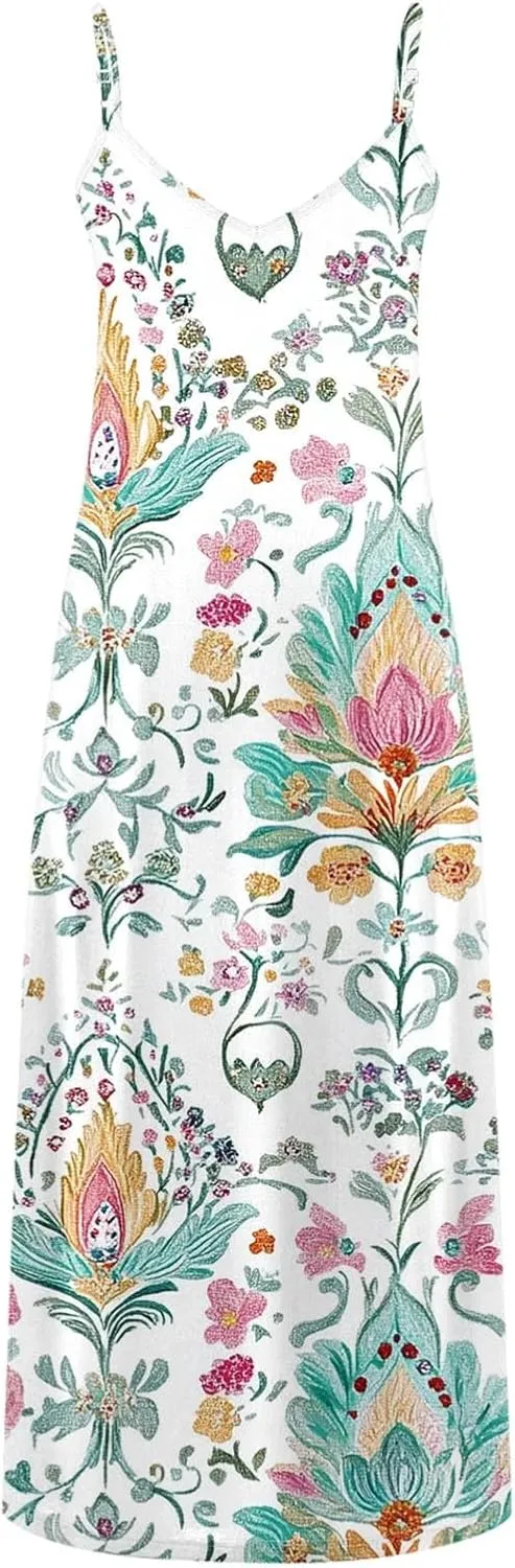 Women Floral Spaghetti Strap Sundress Casual Summer Maxi Dress V Neck Sexy Boho Dresses Trendy Beach Outfits 2025