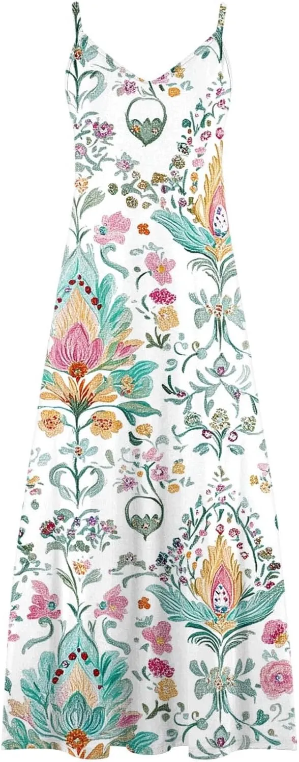 Women Floral Spaghetti Strap Sundress Casual Summer Maxi Dress V Neck Sexy Boho Dresses Trendy Beach Outfits 2025