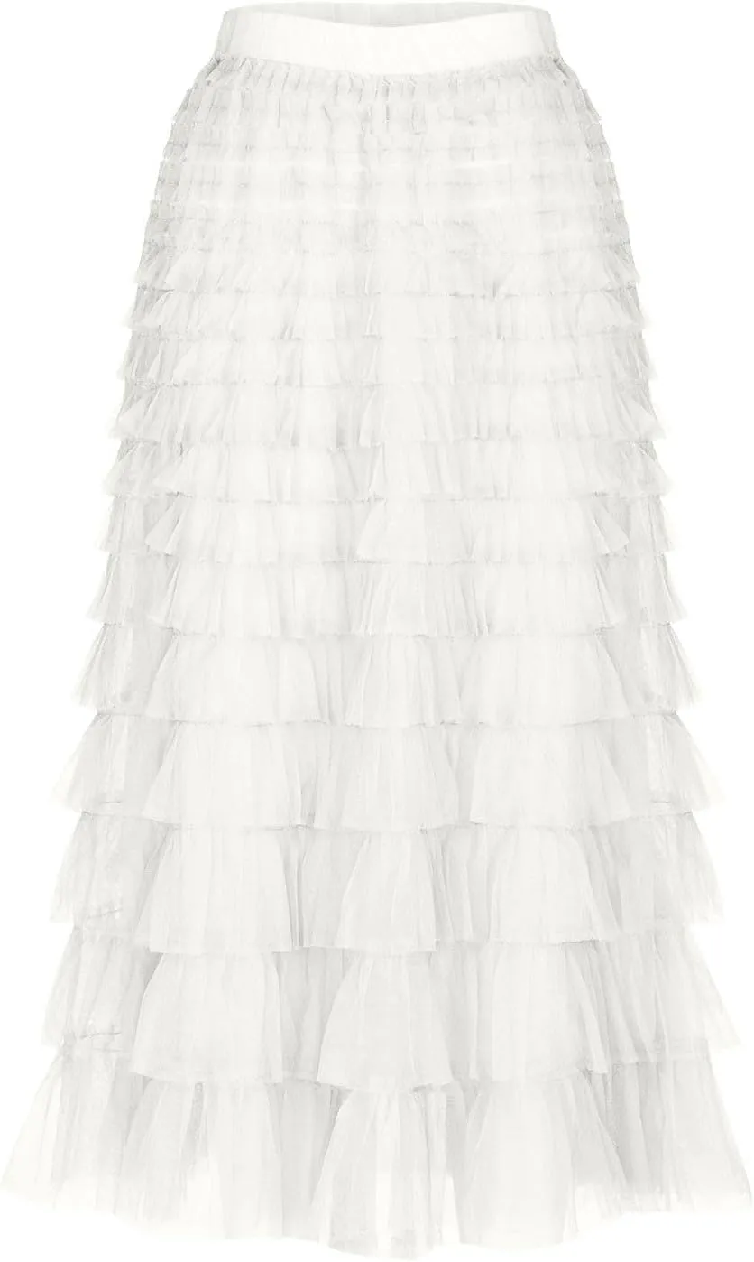 Women Layered Tiered Tulle Midi Skirt Sheer Mesh A Line Fairy Skirts Flared Elastic High Waist Swing Party Cake Skirt