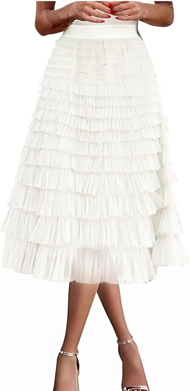 Women Layered Tiered Tulle Midi Skirt Sheer Mesh A Line Fairy Skirts Flared Elastic High Waist Swing Party Cake Skirt