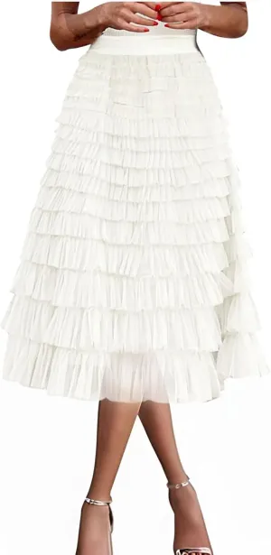 Women Layered Tiered Tulle Midi Skirt Sheer Mesh A Line Fairy Skirts Flared Elastic High Waist Swing Party Cake Skirt