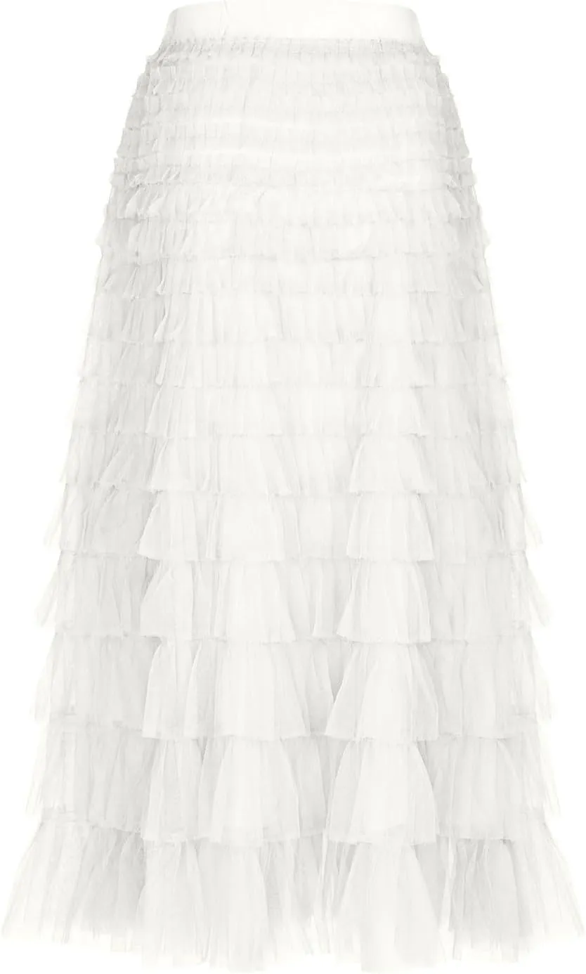 Women Layered Tiered Tulle Midi Skirt Sheer Mesh A Line Fairy Skirts Flared Elastic High Waist Swing Party Cake Skirt