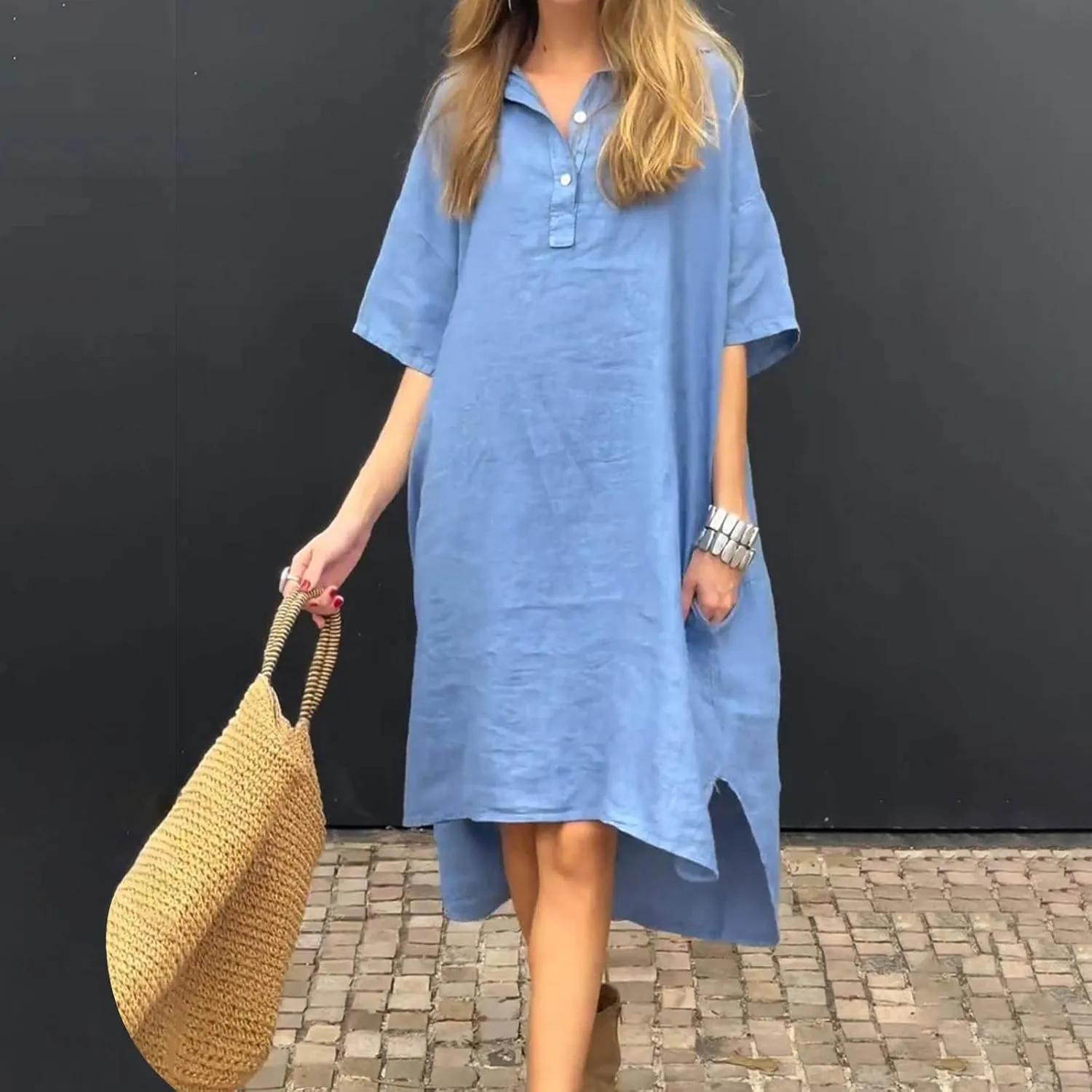 Women Plus Size Button Down Shirt Dresses with Pockets Summer Casual Loose 3/4 Sleeve Midi Dress Cover Up Sundress