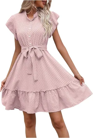 Women Polk Dot Flutter Sleeve Dress Button Down Stand Collar A-Line Shirt Dresses with Belt Summer Ruffle Hem Mini Dress
