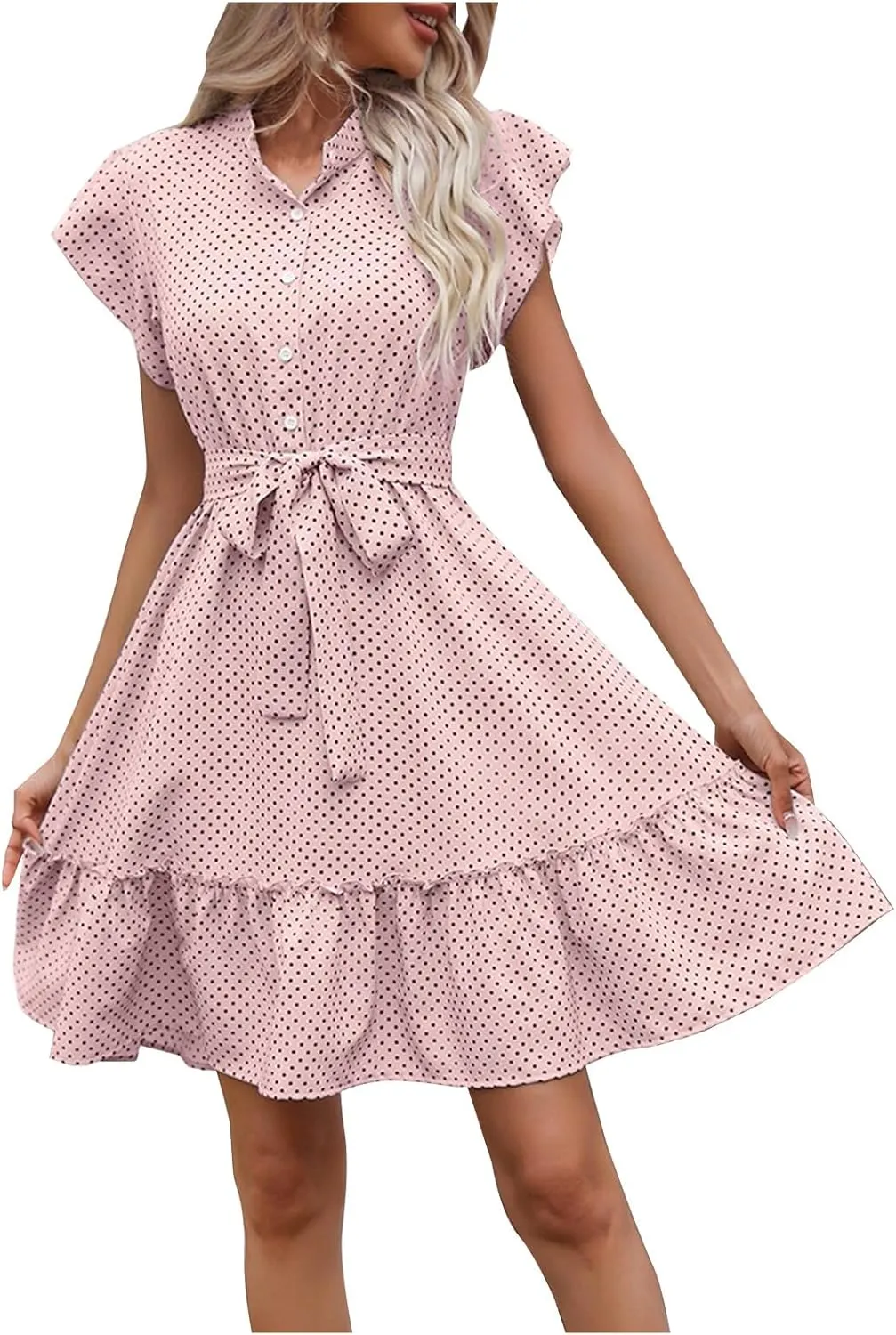 Women Polk Dot Flutter Sleeve Dress Button Down Stand Collar A-Line Shirt Dresses with Belt Summer Ruffle Hem Mini Dress