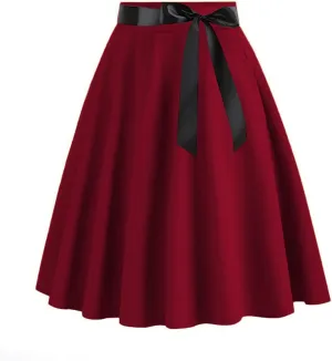 Women Retro Hepburn Trendy Midi Skirt, High Waist Lace-Up A-Line Skirts Fashion Skater Flared Skirts Evening Clothes