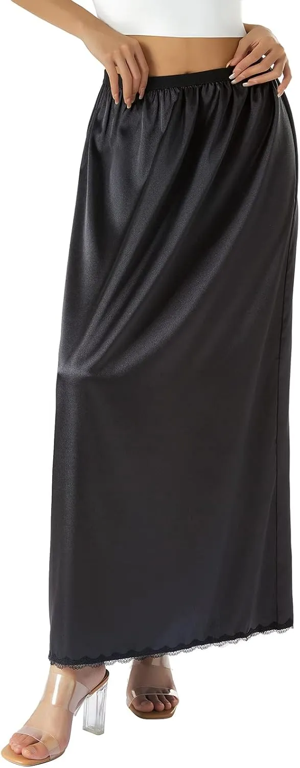 Women Retro Satin Long Solid Lace Hem Slip Half Slip Skirt Under Dress Underskirts Petticoat Extender Half Slips