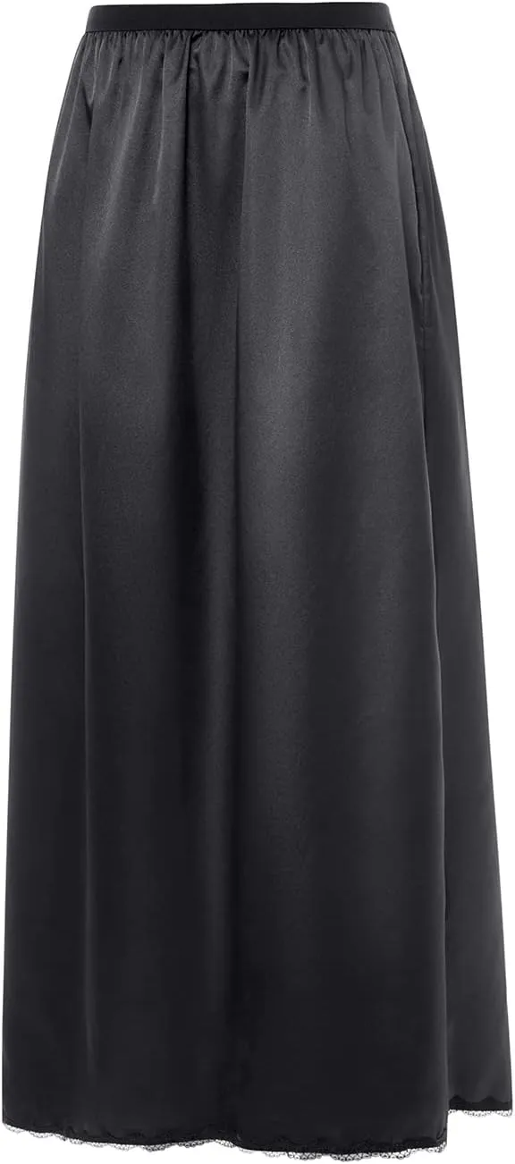 Women Retro Satin Long Solid Lace Hem Slip Half Slip Skirt Under Dress Underskirts Petticoat Extender Half Slips