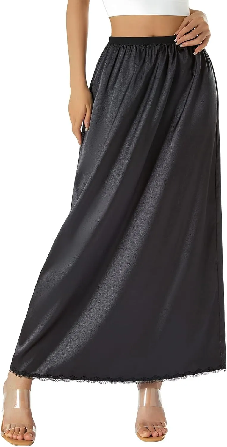 Women Retro Satin Long Solid Lace Hem Slip Half Slip Skirt Under Dress Underskirts Petticoat Extender Half Slips