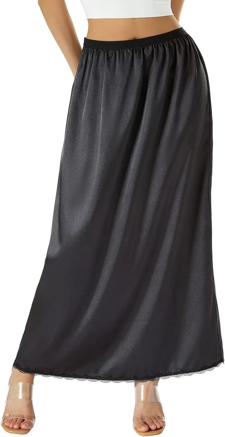 Women Retro Satin Long Solid Lace Hem Slip Half Slip Skirt Under Dress Underskirts Petticoat Extender Half Slips