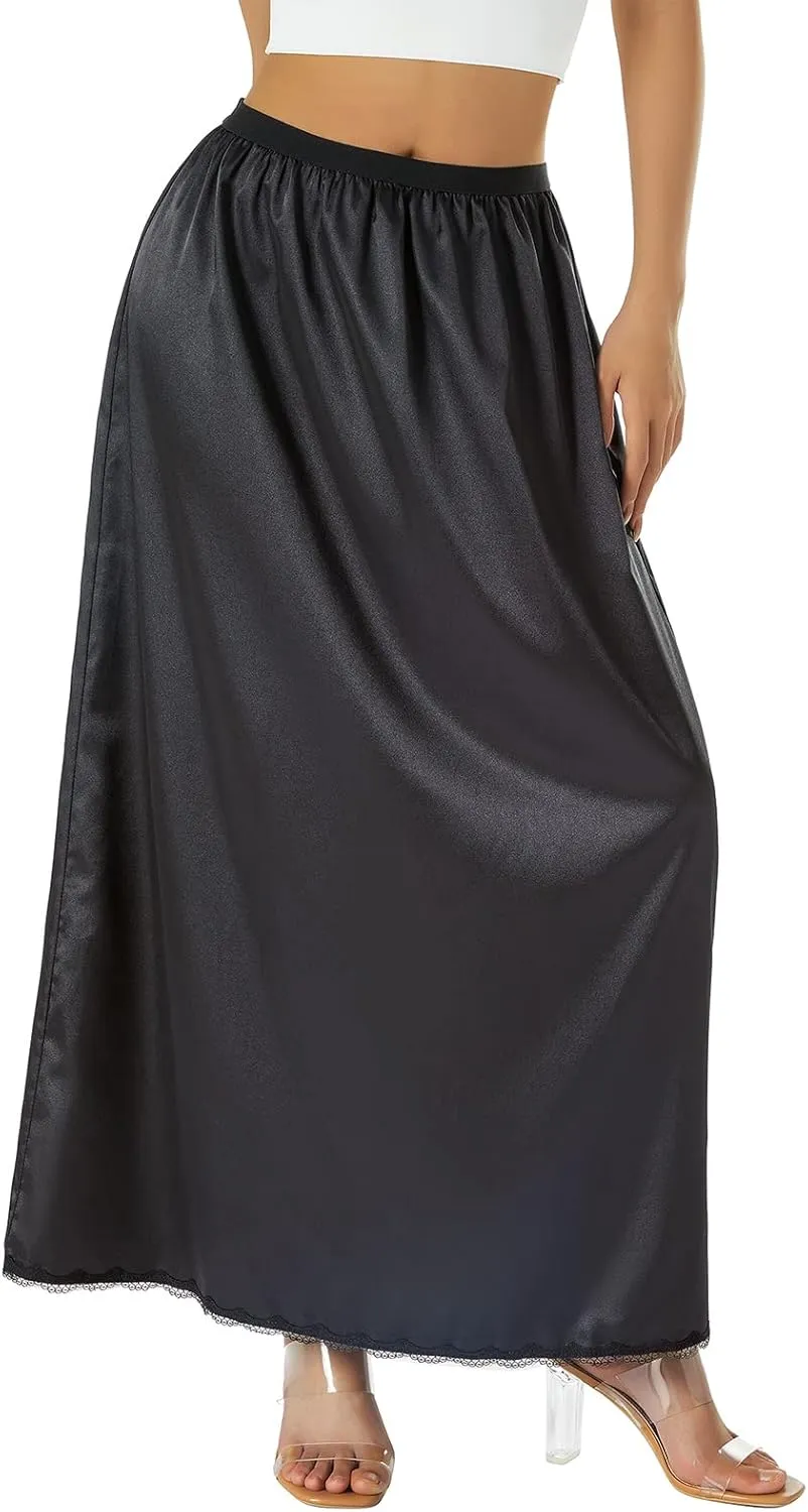 Women Retro Satin Long Solid Lace Hem Slip Half Slip Skirt Under Dress Underskirts Petticoat Extender Half Slips