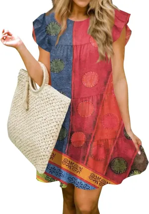 Women Summer Dress Casual Crew Neck Cap Sleeve Ruffle Tiered Babydoll Mini Dresses Solid Color Beach Party Sundress