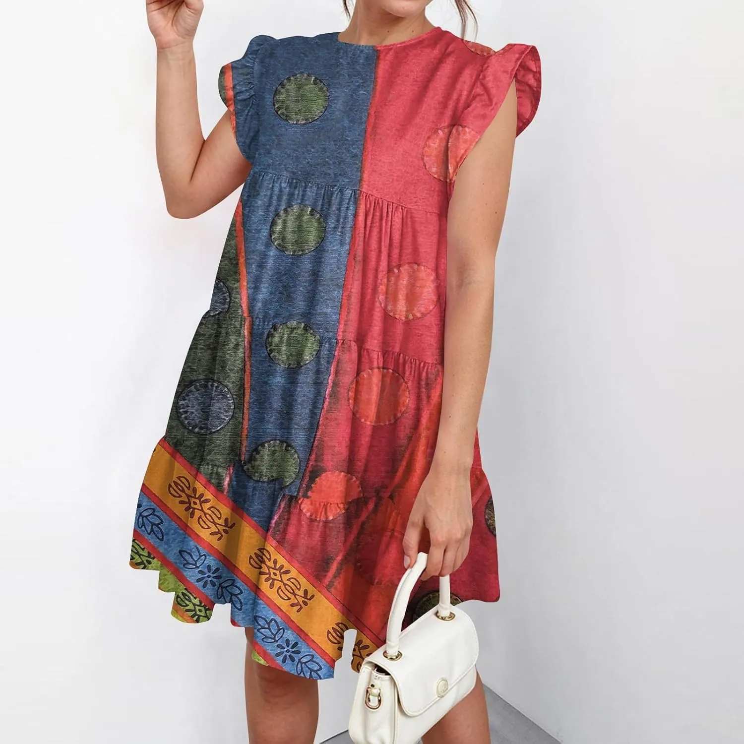 Women Summer Dress Casual Crew Neck Cap Sleeve Ruffle Tiered Babydoll Mini Dresses Solid Color Beach Party Sundress