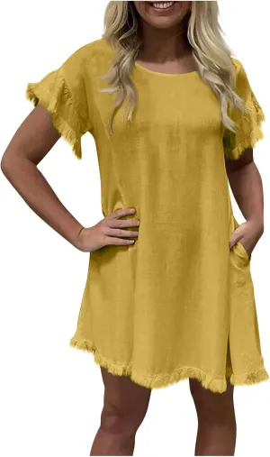 Women Summer Dress Plus Size Round Neck Ruffle Short Sleeve Modest Frayed Dresses Casual Fashion Loose Mini Dress