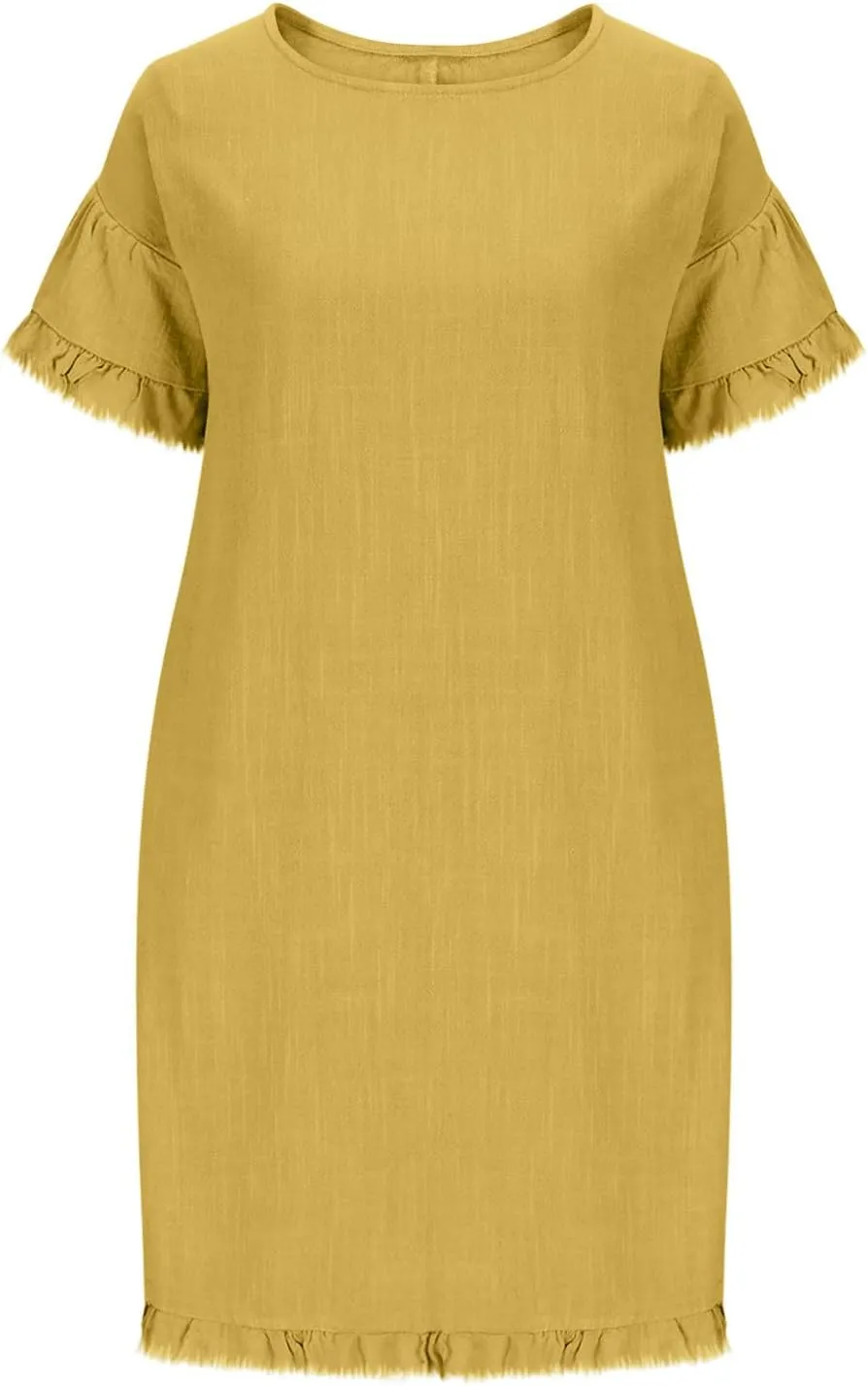 Women Summer Dress Plus Size Round Neck Ruffle Short Sleeve Modest Frayed Dresses Casual Fashion Loose Mini Dress