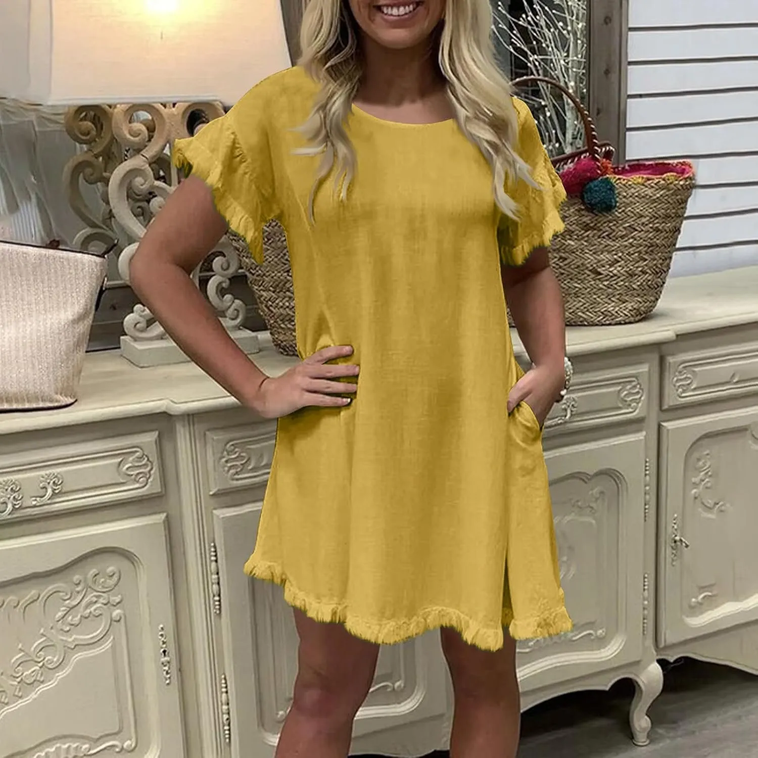 Women Summer Dress Plus Size Round Neck Ruffle Short Sleeve Modest Frayed Dresses Casual Fashion Loose Mini Dress