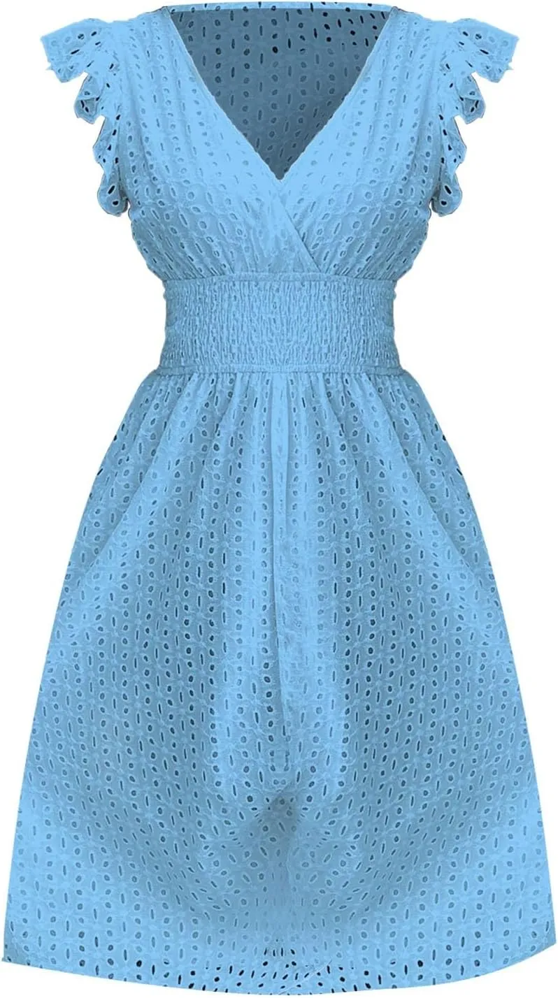 Women Summer Dresses Cap Sleeve Babydoll Eyelet Ruffle V Neck Mini Dress Plus Size Casual Loose Sundress with Pockets
