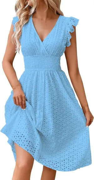 Women Summer Dresses Cap Sleeve Babydoll Eyelet Ruffle V Neck Mini Dress Plus Size Casual Loose Sundress with Pockets