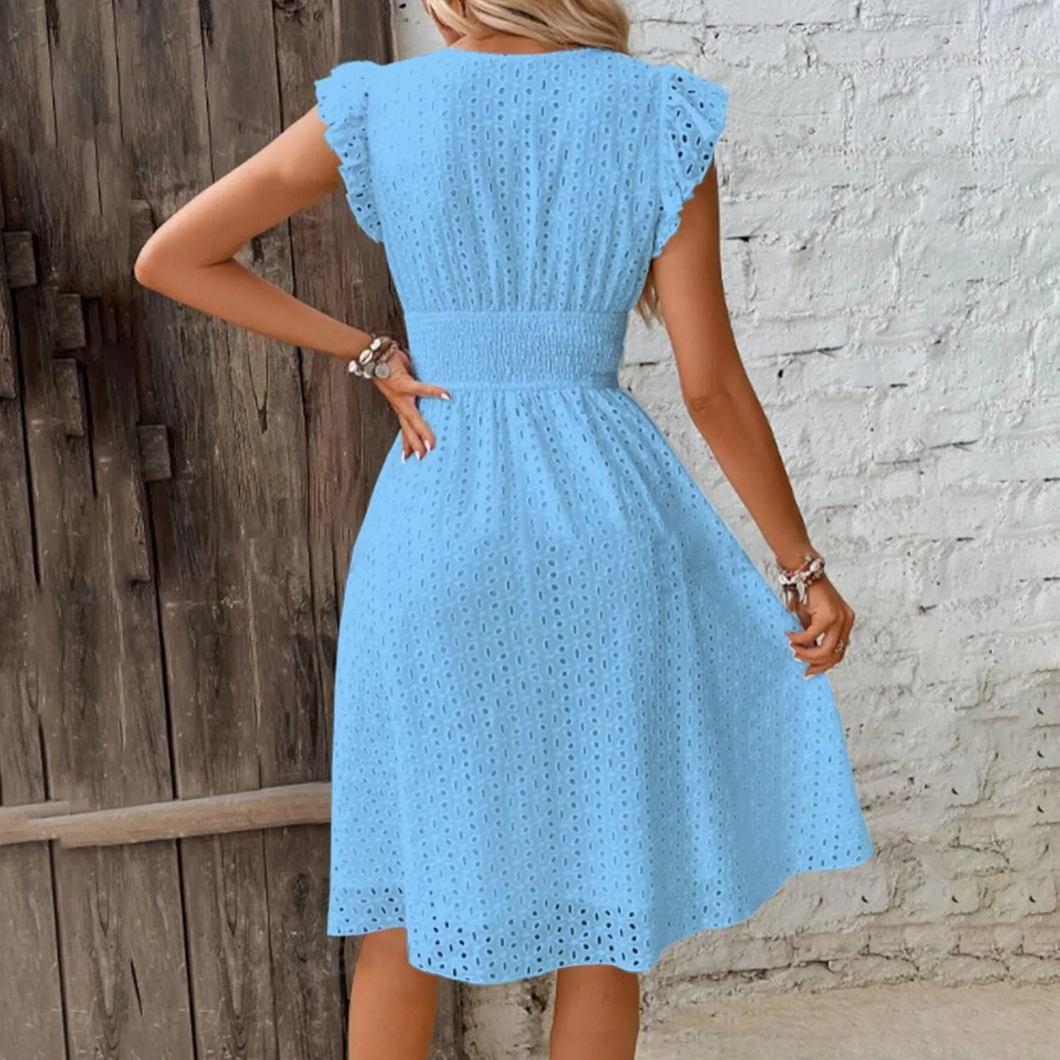 Women Summer Dresses Cap Sleeve Babydoll Eyelet Ruffle V Neck Mini Dress Plus Size Casual Loose Sundress with Pockets