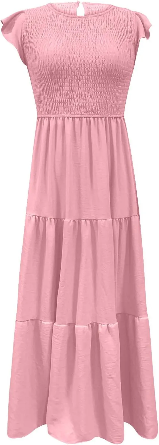 Womens 2023 Summer Casual Flutter Short Sleeve Long Dresses Crew Neck Smocked Elastic Waist Tiered Midi Dress