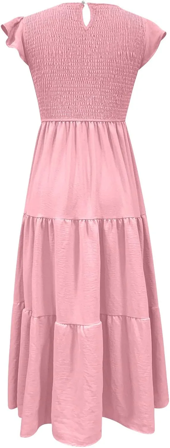 Womens 2023 Summer Casual Flutter Short Sleeve Long Dresses Crew Neck Smocked Elastic Waist Tiered Midi Dress