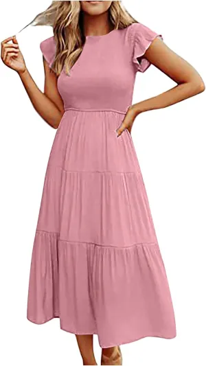 Womens 2023 Summer Casual Flutter Short Sleeve Long Dresses Crew Neck Smocked Elastic Waist Tiered Midi Dress
