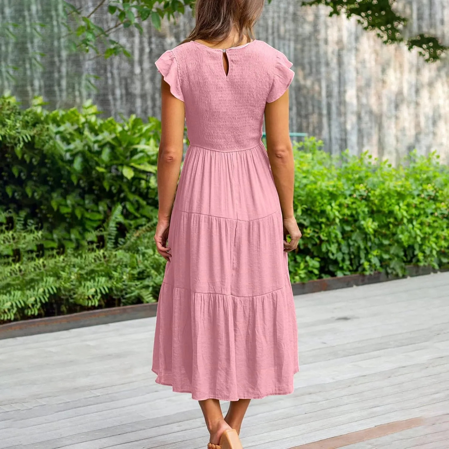 Womens 2023 Summer Casual Flutter Short Sleeve Long Dresses Crew Neck Smocked Elastic Waist Tiered Midi Dress