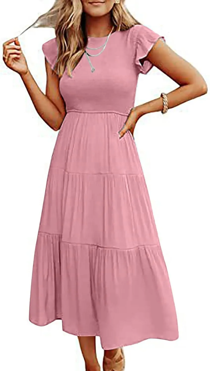 Womens 2023 Summer Casual Flutter Short Sleeve Long Dresses Crew Neck Smocked Elastic Waist Tiered Midi Dress