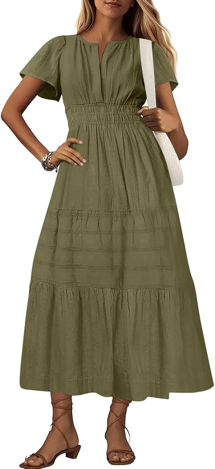 Womens 2025 Summer Casual Midi Dresses Casual Short Sleeve V Neck Elastic Waist Boho Beach Dress with Pockets