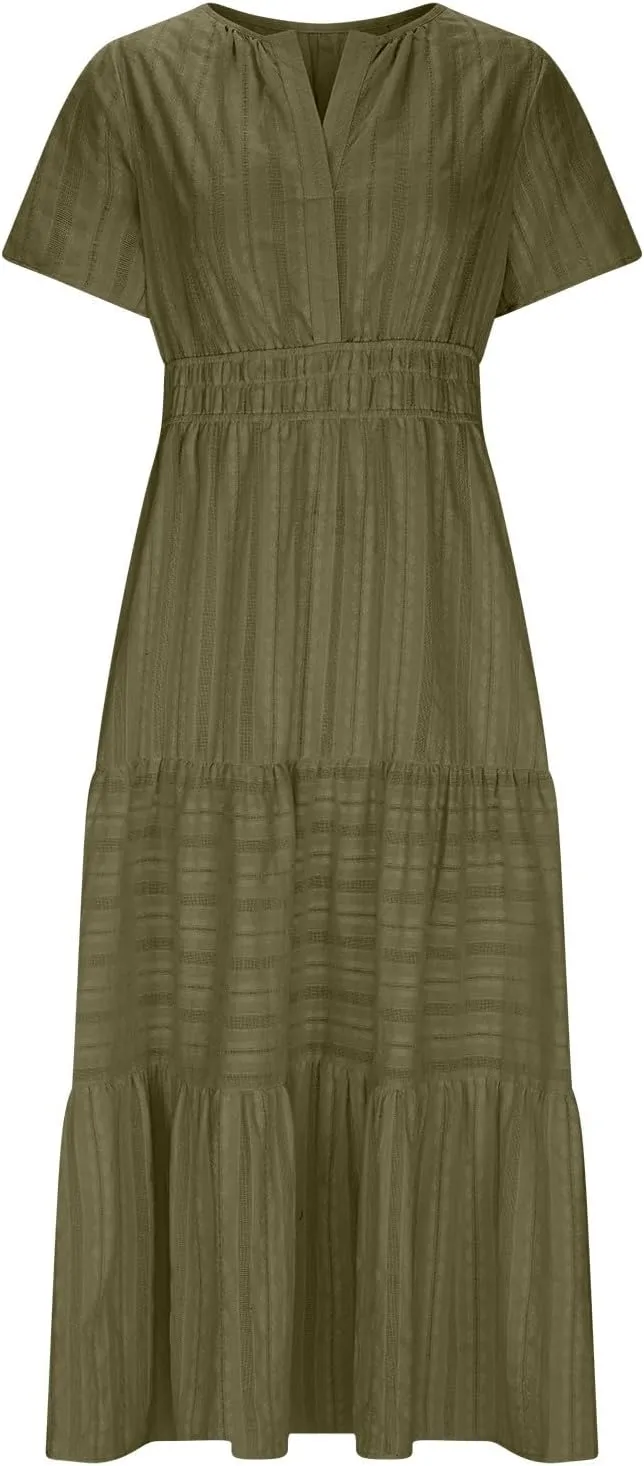 Womens 2025 Summer Casual Midi Dresses Casual Short Sleeve V Neck Elastic Waist Boho Beach Dress with Pockets