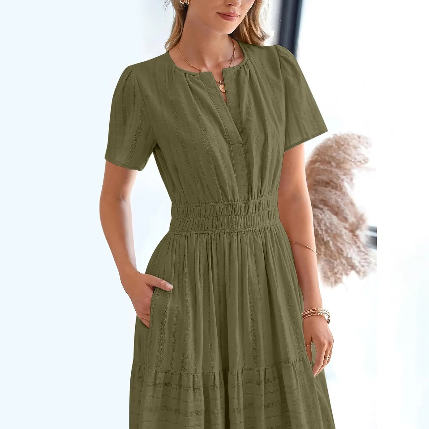 Womens 2025 Summer Casual Midi Dresses Casual Short Sleeve V Neck Elastic Waist Boho Beach Dress with Pockets