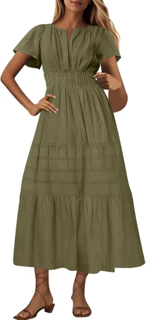 Womens 2025 Summer Casual Midi Dresses Casual Short Sleeve V Neck Elastic Waist Boho Beach Dress with Pockets