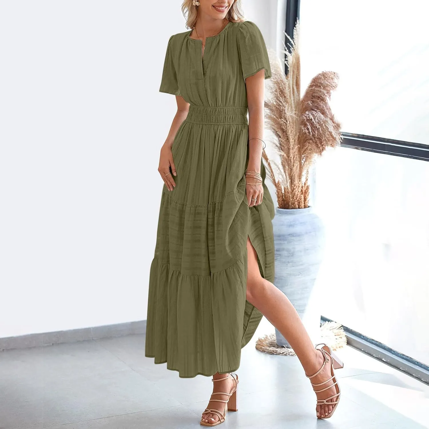 Womens 2025 Summer Casual Midi Dresses Casual Short Sleeve V Neck Elastic Waist Boho Beach Dress with Pockets